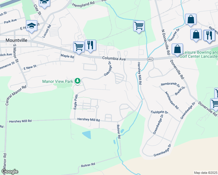 map of restaurants, bars, coffee shops, grocery stores, and more near 228 Eagle Path in Mountville