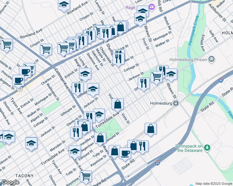 map of restaurants, bars, coffee shops, grocery stores, and more near 4527 Shelmire Avenue in Philadelphia