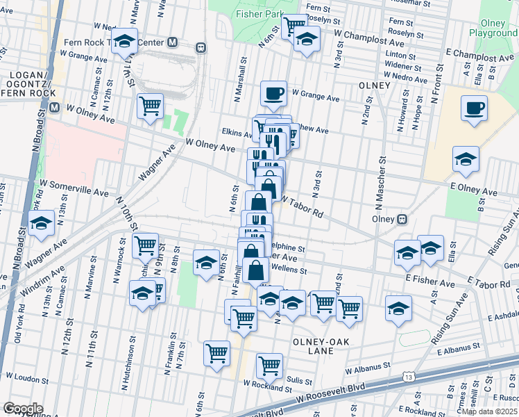 map of restaurants, bars, coffee shops, grocery stores, and more near 5414 North 5th Street in Philadelphia