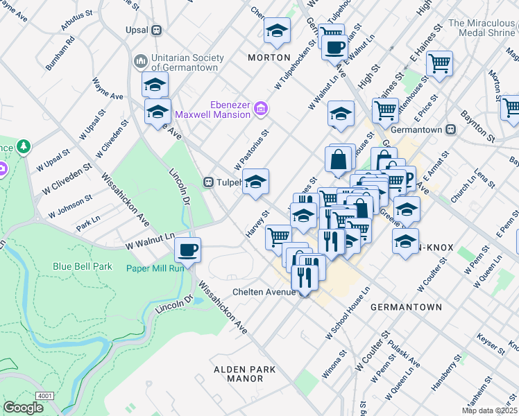 map of restaurants, bars, coffee shops, grocery stores, and more near 6002 Wayne Avenue in Philadelphia
