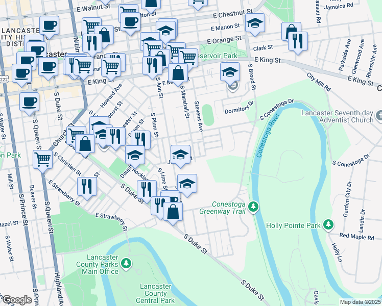 map of restaurants, bars, coffee shops, grocery stores, and more near 344 South Marshall Street in Lancaster