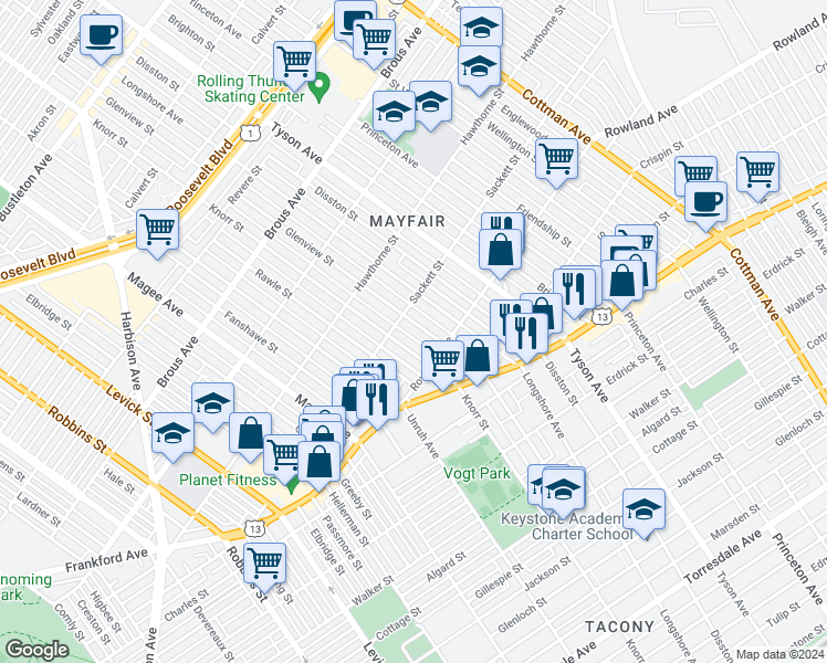 map of restaurants, bars, coffee shops, grocery stores, and more near 3220 Glenview Street in Philadelphia