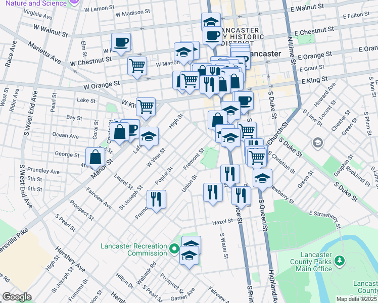 map of restaurants, bars, coffee shops, grocery stores, and more near 456 Poplar Street in Lancaster