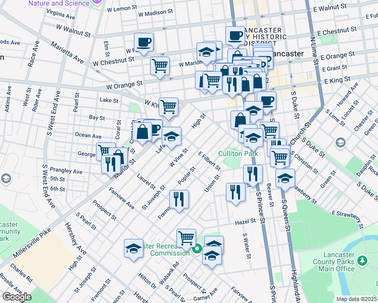 map of restaurants, bars, coffee shops, grocery stores, and more near 533 Saint Joseph Street in Lancaster