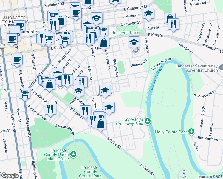 map of restaurants, bars, coffee shops, grocery stores, and more near 344 South Marshall Street in Lancaster