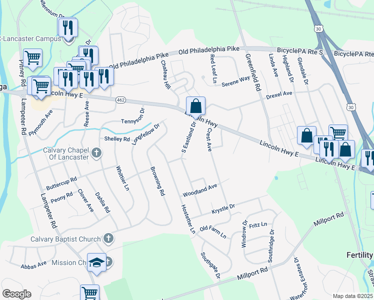 map of restaurants, bars, coffee shops, grocery stores, and more near 31 South Eastland Drive in Lancaster