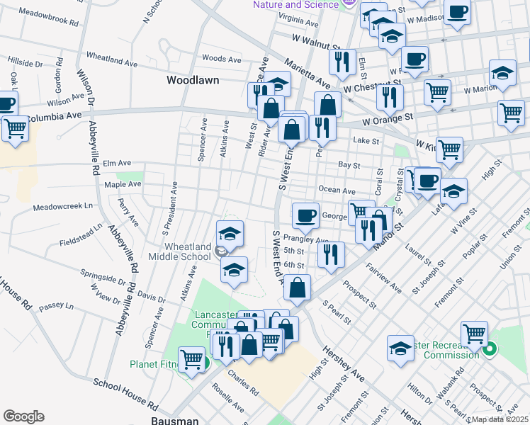 map of restaurants, bars, coffee shops, grocery stores, and more near 340 South West End Avenue in Lancaster