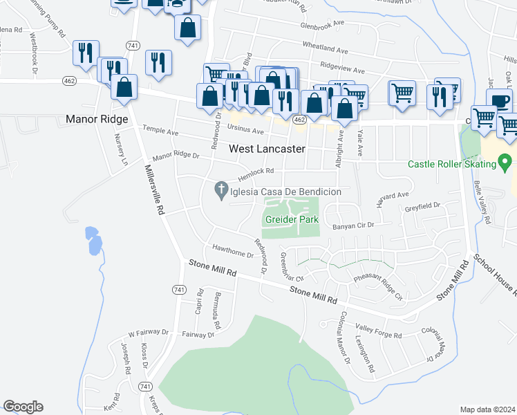 map of restaurants, bars, coffee shops, grocery stores, and more near 1729 Manor Ridge Drive in Lancaster