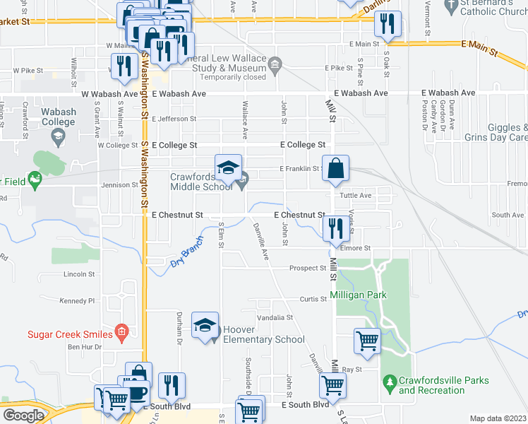 map of restaurants, bars, coffee shops, grocery stores, and more near 514 East Chestnut Street in Crawfordsville