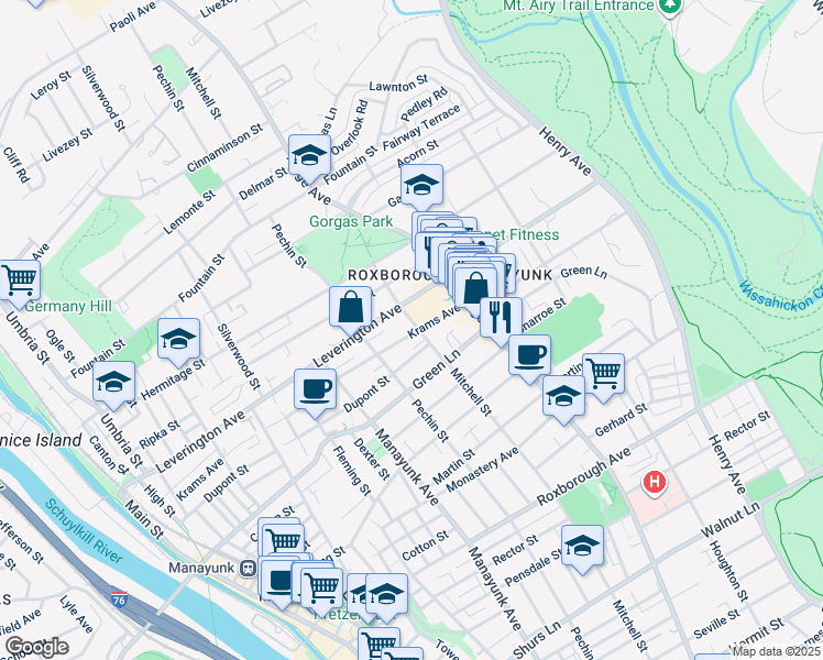 map of restaurants, bars, coffee shops, grocery stores, and more near 4538 Mitchell Street in Philadelphia