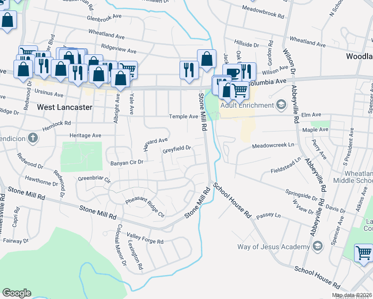 map of restaurants, bars, coffee shops, grocery stores, and more near 213 Oakfield Court West in Lancaster