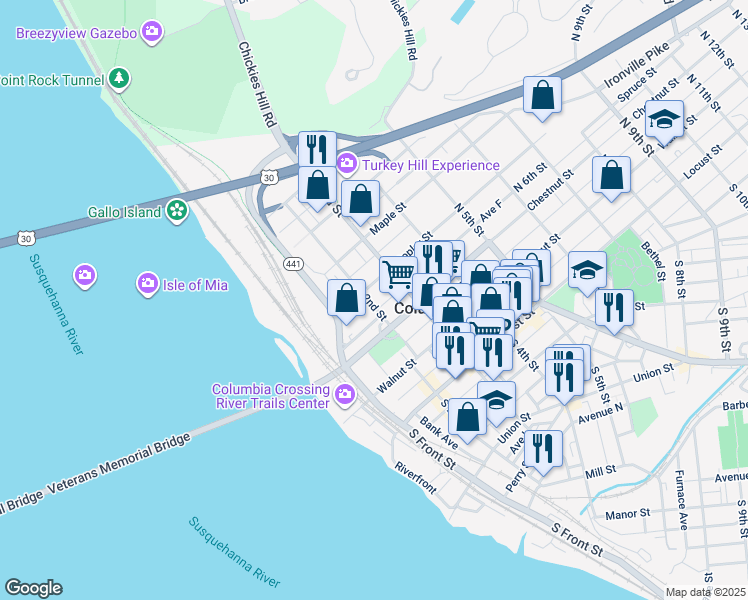 map of restaurants, bars, coffee shops, grocery stores, and more near 247 North 2nd Street in Columbia