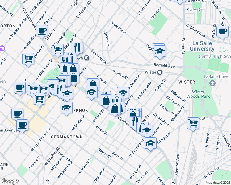 map of restaurants, bars, coffee shops, grocery stores, and more near 63 East Penn Street in Philadelphia