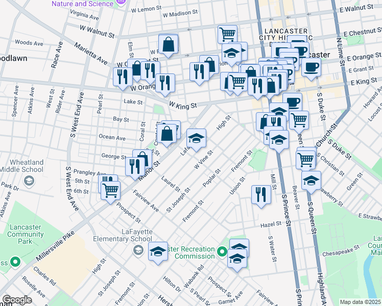 map of restaurants, bars, coffee shops, grocery stores, and more near 37 New Dorwart Street in Lancaster