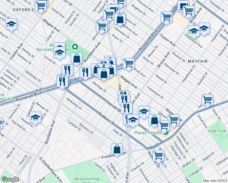 map of restaurants, bars, coffee shops, grocery stores, and more near 2724 Hellerman Street in Philadelphia
