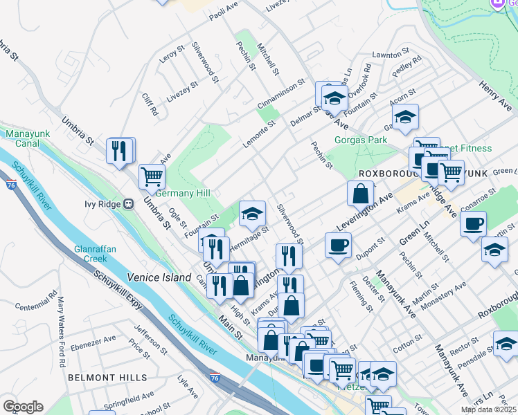 map of restaurants, bars, coffee shops, grocery stores, and more near 4719 Fowler Street in Philadelphia
