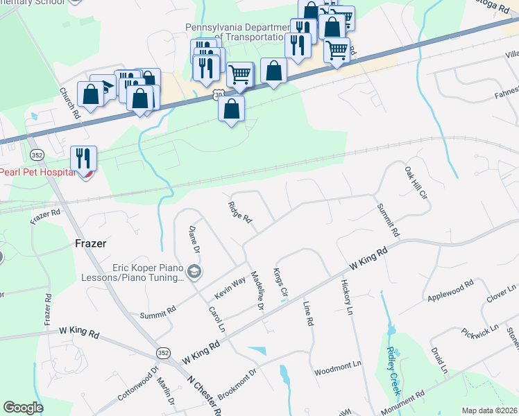 map of restaurants, bars, coffee shops, grocery stores, and more near 22 Ridge Road in Malvern