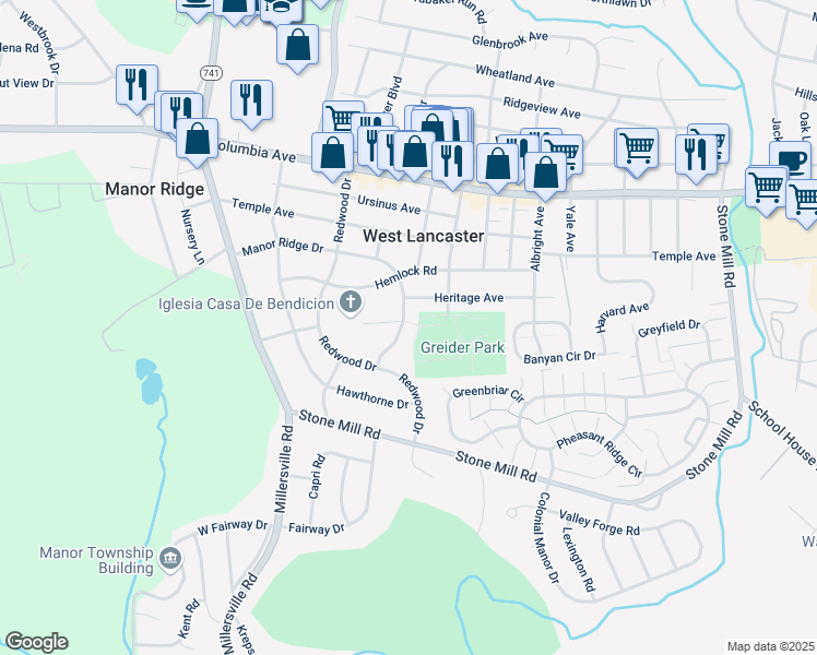 map of restaurants, bars, coffee shops, grocery stores, and more near 1731 Manor Ridge Drive in Lancaster