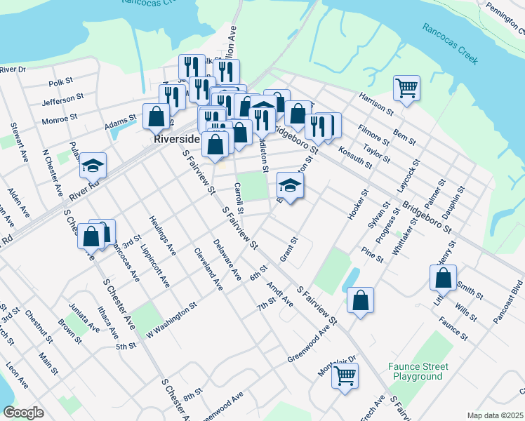 map of restaurants, bars, coffee shops, grocery stores, and more near 59 Lee Street in Riverside