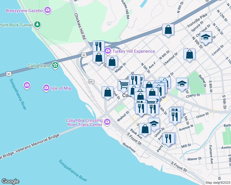 map of restaurants, bars, coffee shops, grocery stores, and more near 247 North 2nd Street in Columbia