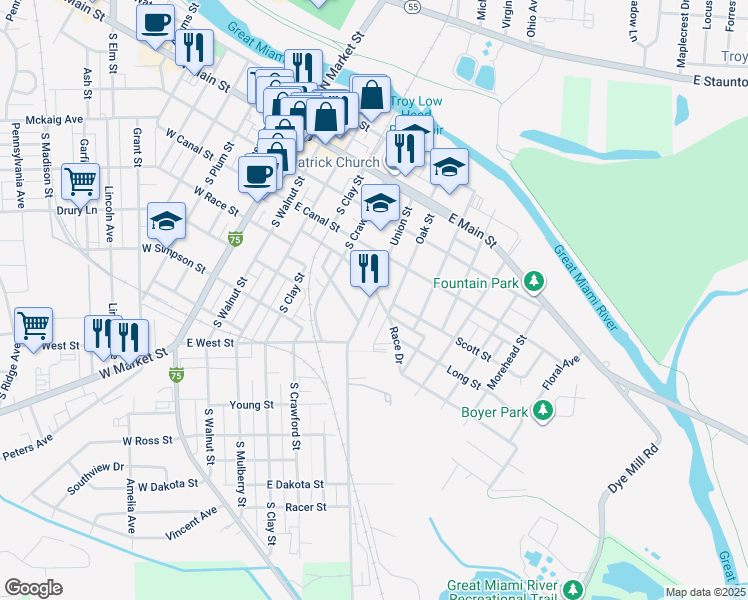 map of restaurants, bars, coffee shops, grocery stores, and more near 304 Oak Street in Troy