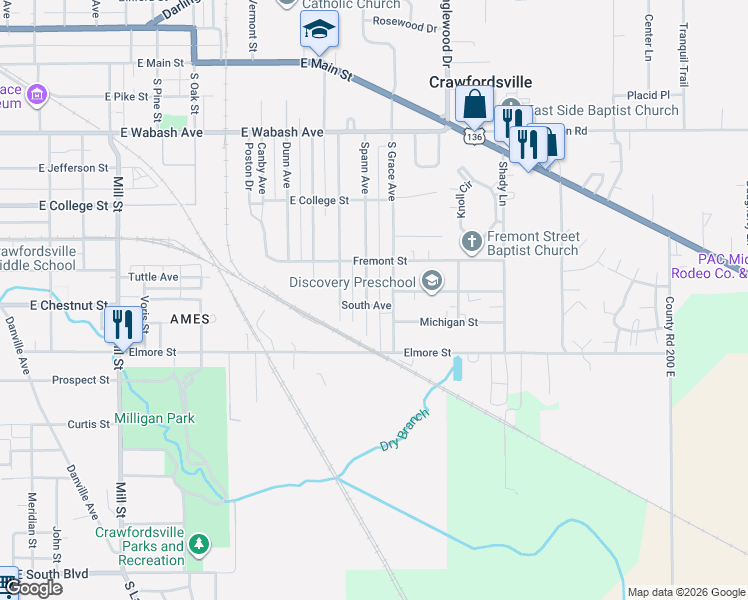 map of restaurants, bars, coffee shops, grocery stores, and more near 905 South Grace Avenue in Crawfordsville