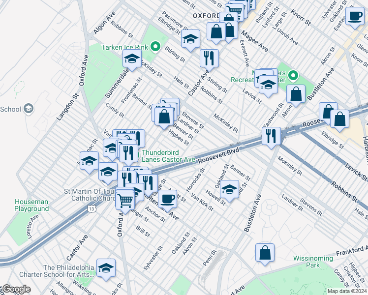 map of restaurants, bars, coffee shops, grocery stores, and more near 1469 Creston Street in Philadelphia