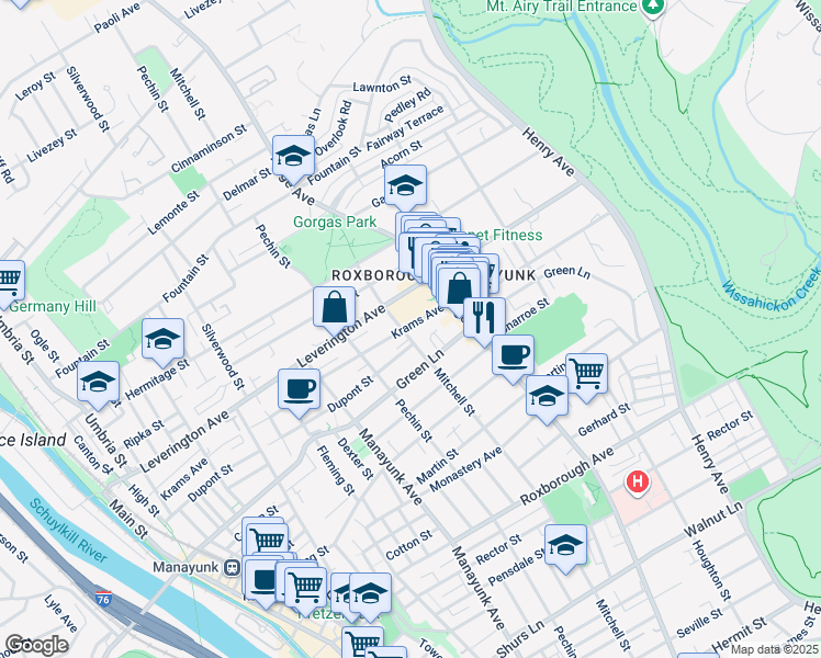 map of restaurants, bars, coffee shops, grocery stores, and more near 4531 Mitchell Street in Philadelphia