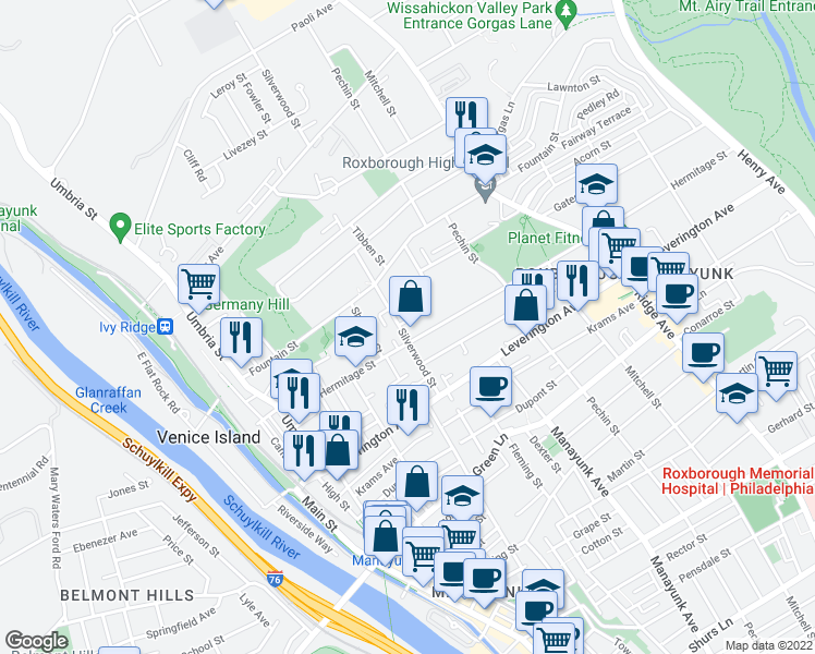 map of restaurants, bars, coffee shops, grocery stores, and more near 4721 Silverwood Street in Philadelphia
