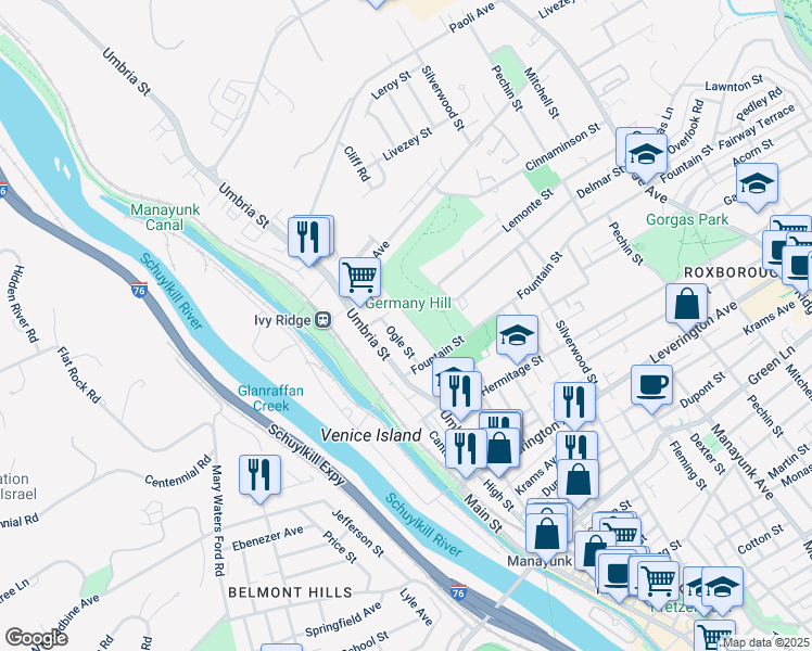 map of restaurants, bars, coffee shops, grocery stores, and more near 4860 Smick Street in Philadelphia