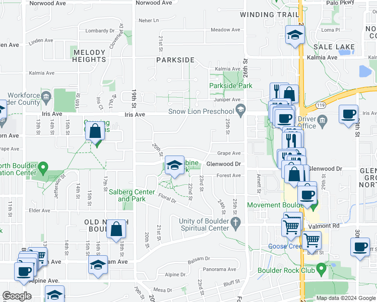 map of restaurants, bars, coffee shops, grocery stores, and more near 2090 Grape Avenue in Boulder