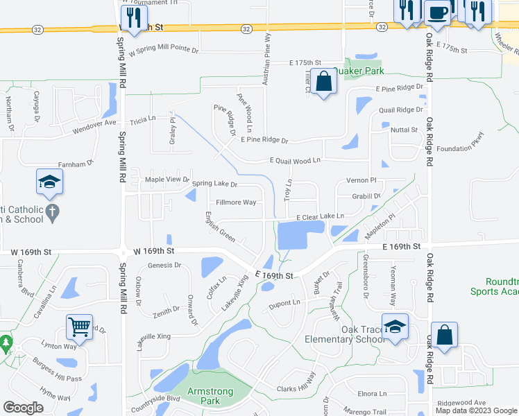 map of restaurants, bars, coffee shops, grocery stores, and more near 11 Fillmore Way in Westfield