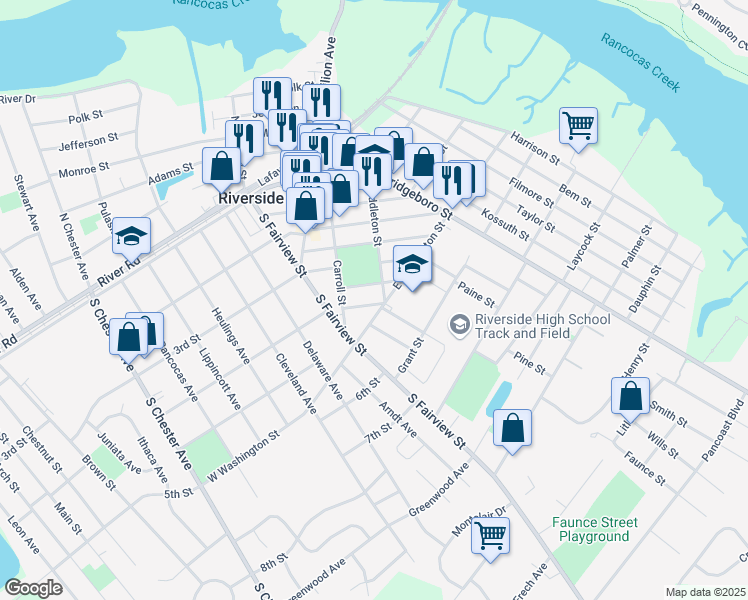 map of restaurants, bars, coffee shops, grocery stores, and more near 63 Lee Street in Riverside