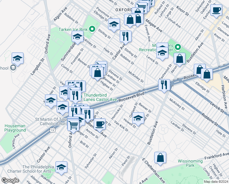 map of restaurants, bars, coffee shops, grocery stores, and more near 6033 Large Street in Philadelphia