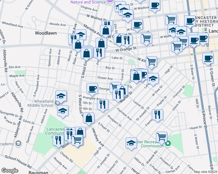 map of restaurants, bars, coffee shops, grocery stores, and more near 638 George Street in Lancaster