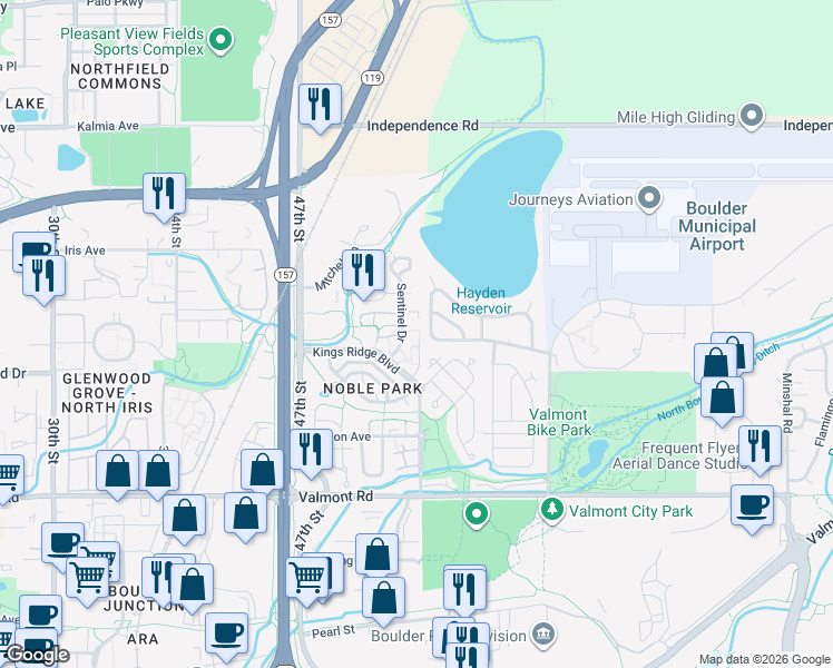 map of restaurants, bars, coffee shops, grocery stores, and more near 4855 Kings Ridge Boulevard in Boulder