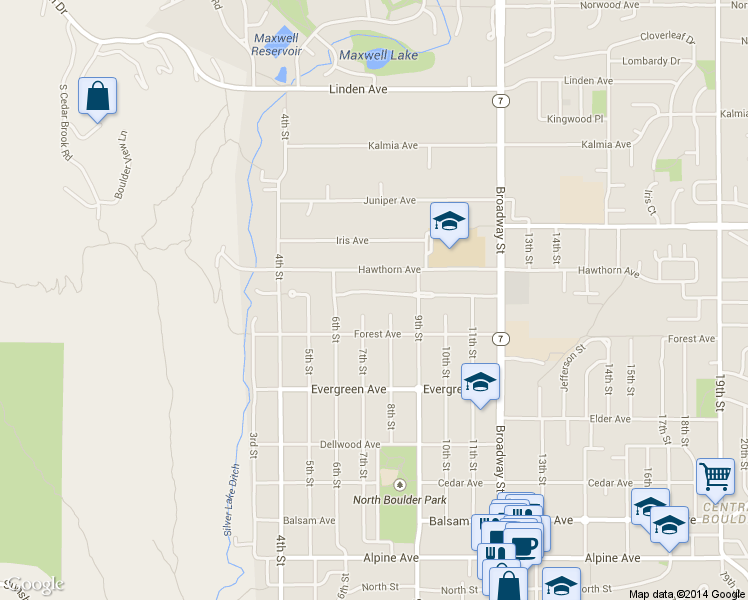 map of restaurants, bars, coffee shops, grocery stores, and more near 3254 7th Street in Boulder
