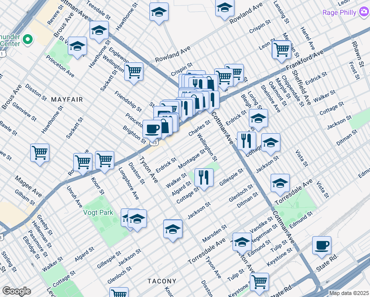 map of restaurants, bars, coffee shops, grocery stores, and more near 7124 Erdrick Street in Philadelphia