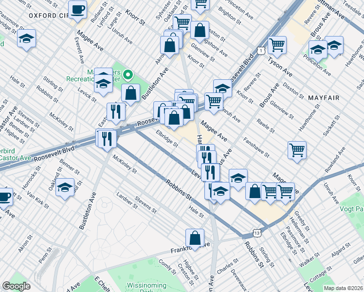 map of restaurants, bars, coffee shops, grocery stores, and more near 2705 Levick Street in Philadelphia