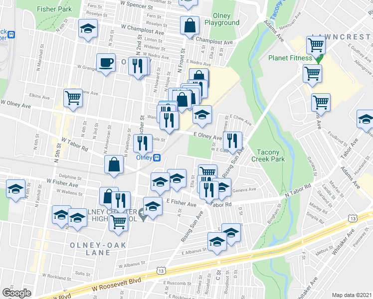 map of restaurants, bars, coffee shops, grocery stores, and more near 5500 North Water Street in Philadelphia