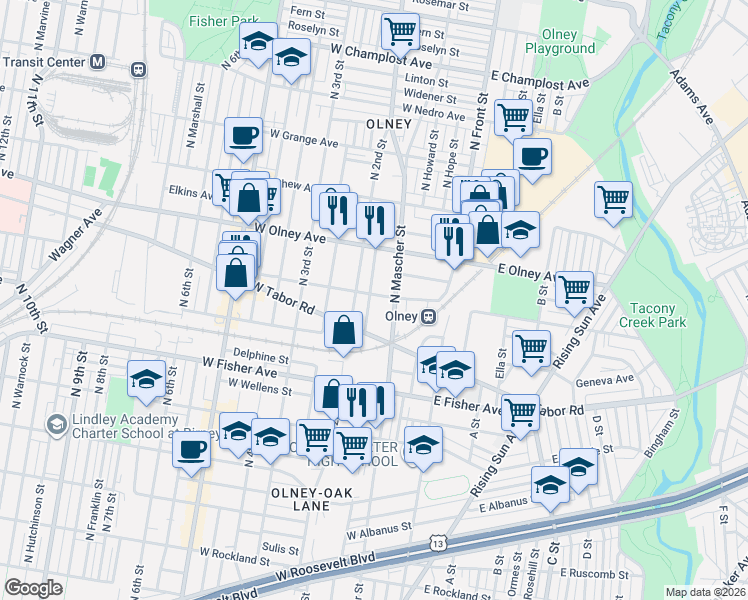 map of restaurants, bars, coffee shops, grocery stores, and more near 5426 North Mascher Street in Philadelphia