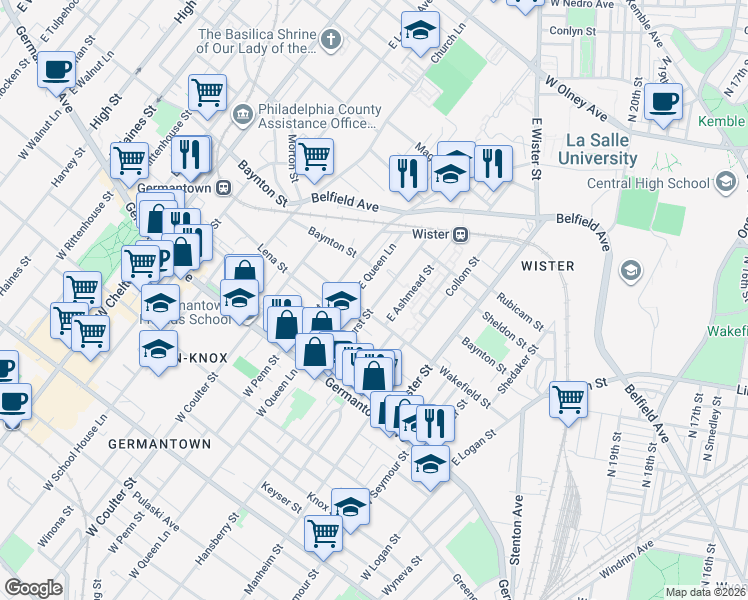 map of restaurants, bars, coffee shops, grocery stores, and more near 213 East Ashmead Street in Philadelphia