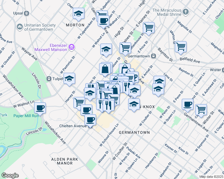 map of restaurants, bars, coffee shops, grocery stores, and more near 5729 Knox Street in Philadelphia