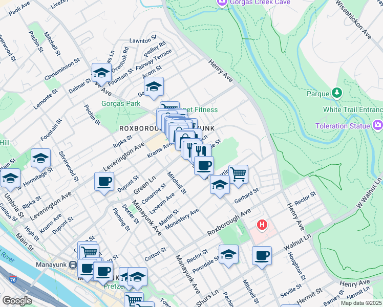 map of restaurants, bars, coffee shops, grocery stores, and more near 475 Green Lane in Philadelphia