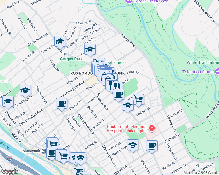 map of restaurants, bars, coffee shops, grocery stores, and more near 475 Green Lane in Philadelphia