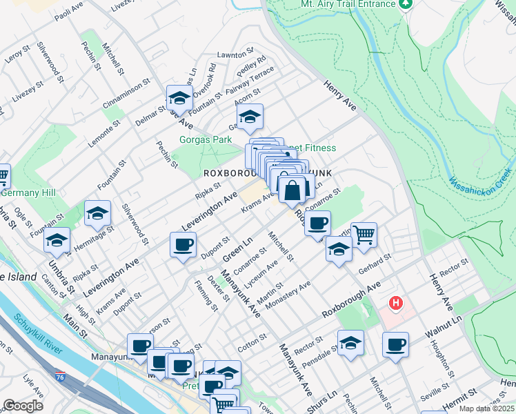 map of restaurants, bars, coffee shops, grocery stores, and more near 464 Green Lane in Philadelphia