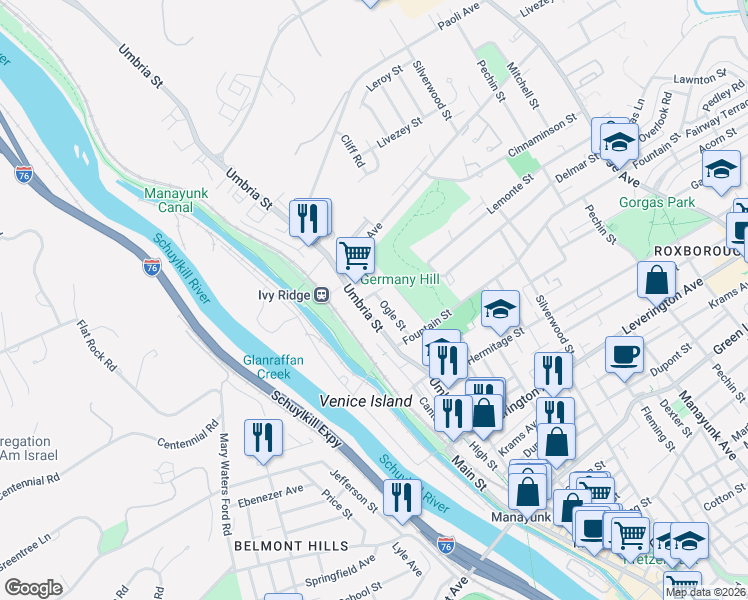 map of restaurants, bars, coffee shops, grocery stores, and more near 4842 Umbria Street in Philadelphia