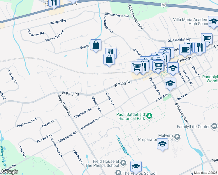 map of restaurants, bars, coffee shops, grocery stores, and more near 3 Crest Avenue in Malvern
