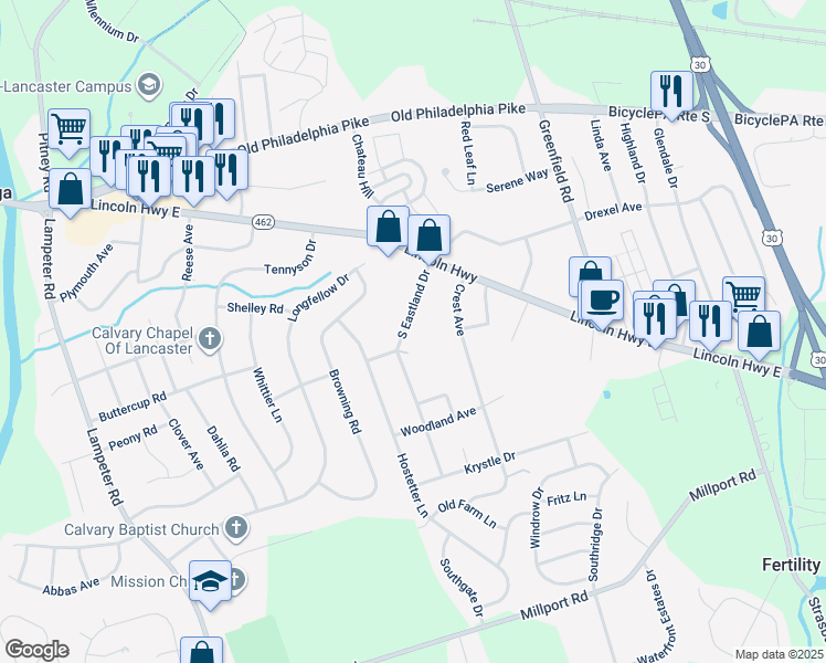 map of restaurants, bars, coffee shops, grocery stores, and more near 31 South Eastland Drive in Lancaster