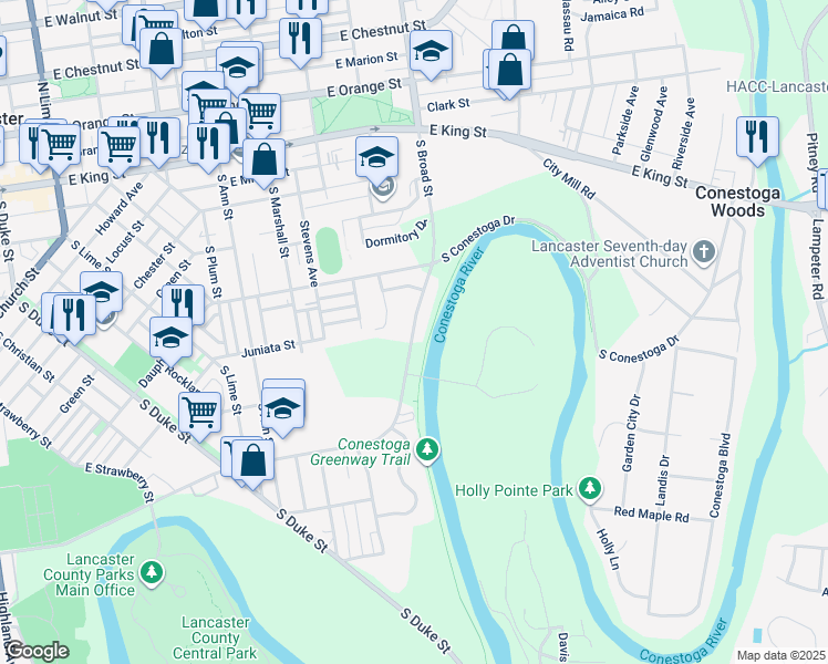 map of restaurants, bars, coffee shops, grocery stores, and more near Greenway Path in Lancaster